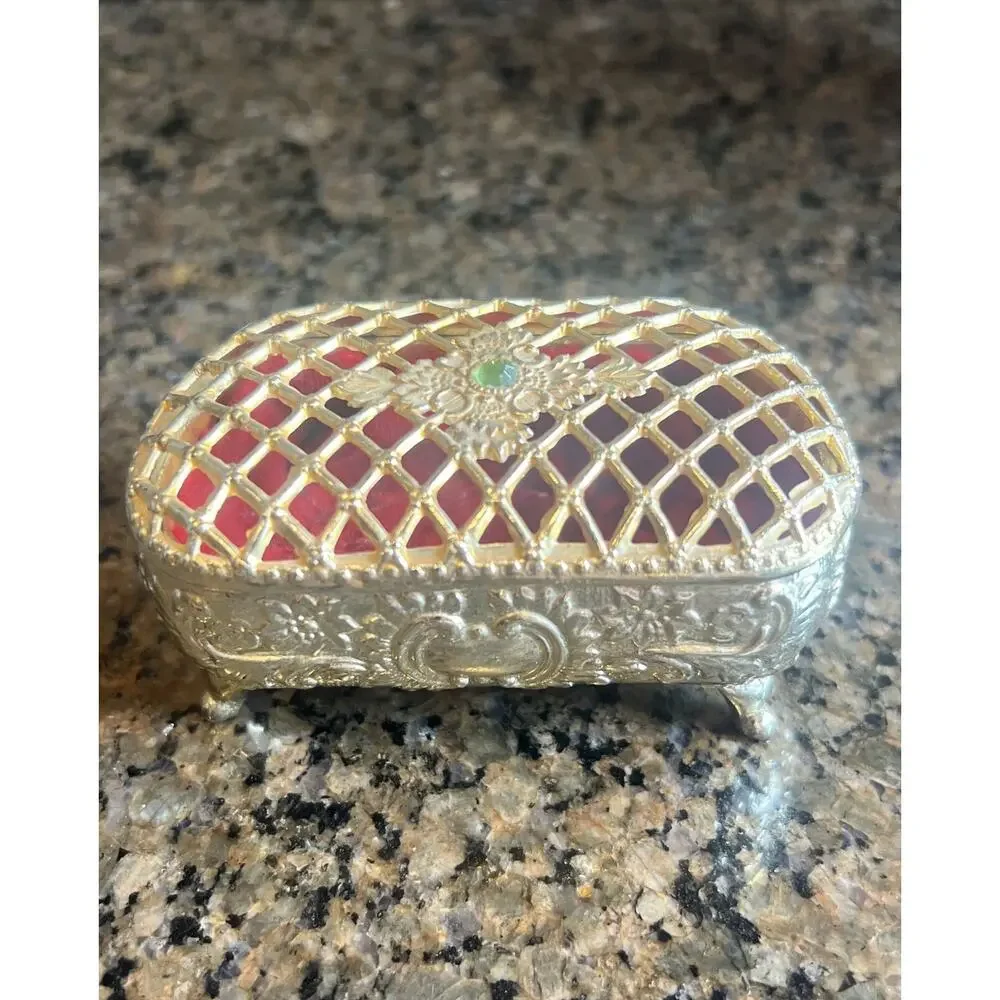 Vtg Embossed Footed Trinket Jewelry Box Red Velvet Lined Japan